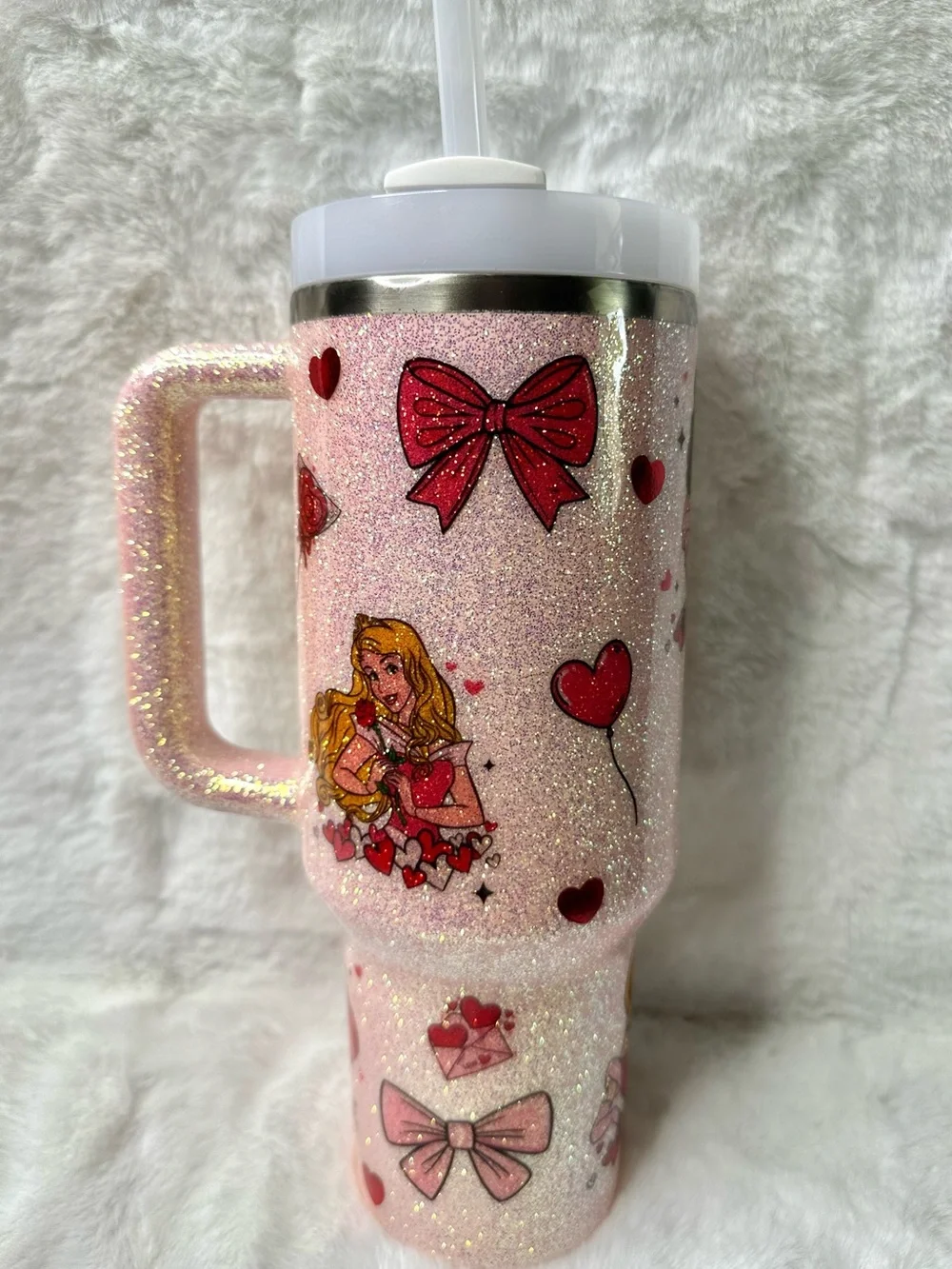 Stanley Pink Glitter Custom Disney Princess Love Themed 40oz Tumbler